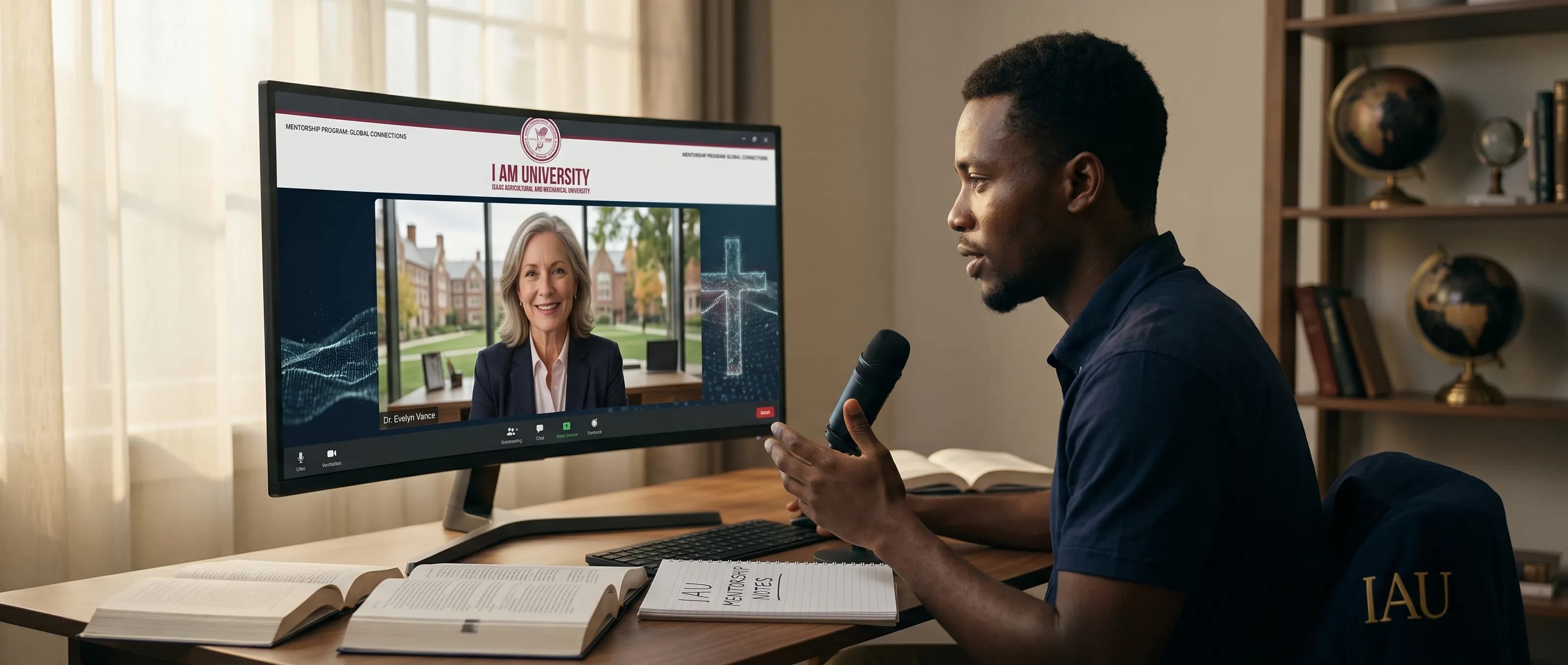 An I AM University student engaged in an online video mentorship session